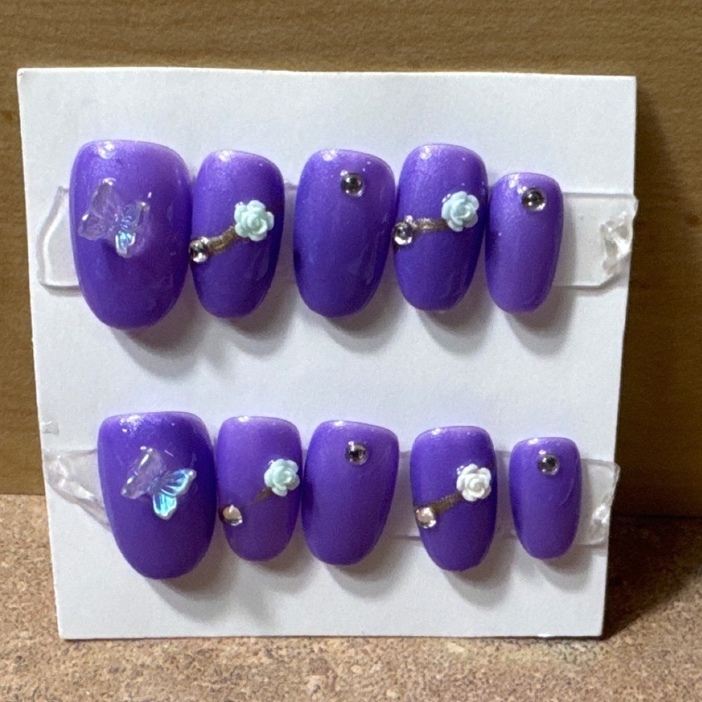Purple‎ Press On Nails | Floral Rhinestone Nail Set | Elegant False Nails